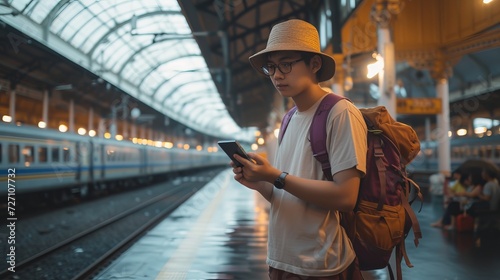 Young asian man on train station platform using mobile phone to check schedule and directions.