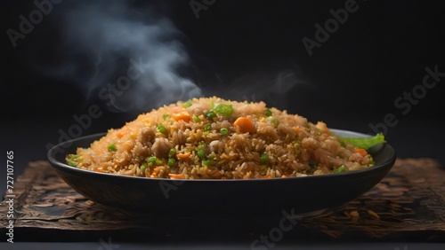 Fried rice with steam or smoke isolated on black background. delicious asian or korean or chinese or japanese food with vegetables. 