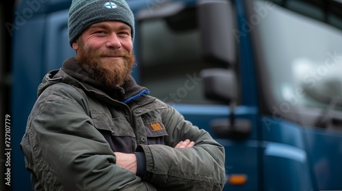 Confident bearded truck driver standing in front of his truck, arms crossed, smiling at camera