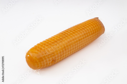 smoked cheese in shrink bag on white background 