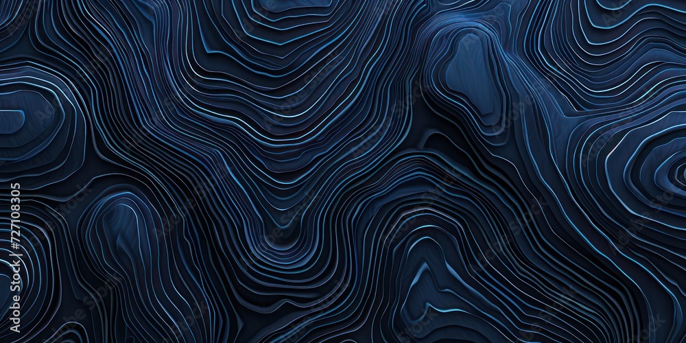 Topography pattern featuring repetitive dark blue lines on a black background. - obrazy, fototapety, plakaty 