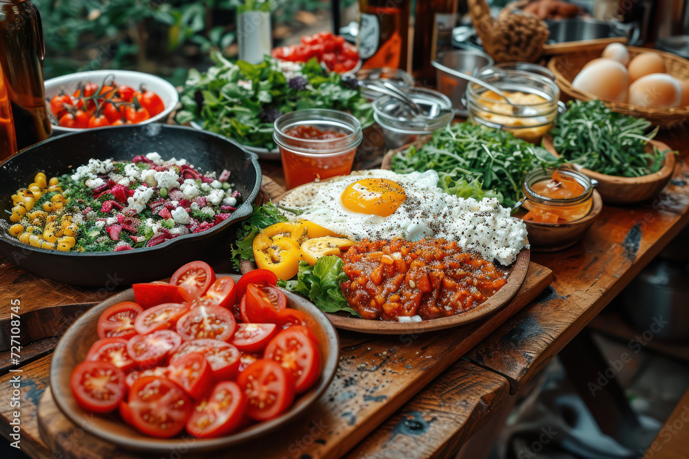 Hearty Breakfast of Fried Eggs and Tomatoes extreme closeup. Generative AI Hearty Breakfast of Fried Eggs and Tomatoes extreme closeup. Generative AI