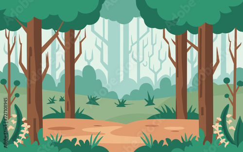 Vector illustration of a serene forest pathway, flanked by tall trees and lush greenery, ideal for nature-themed designs or backgrounds © rex