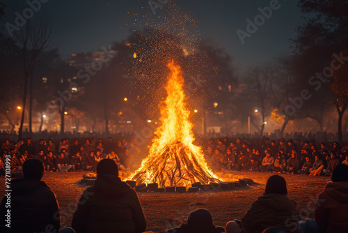 Happy Holika Dahan Concept. Huge Ritual Bonfire Ignite to Celebrate Holika Dahan Festival extreme closeup. Generative AI photo