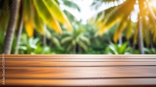 Empty wooden table top on a blurred background of palm trees. A place to advertise a product. Generated AI