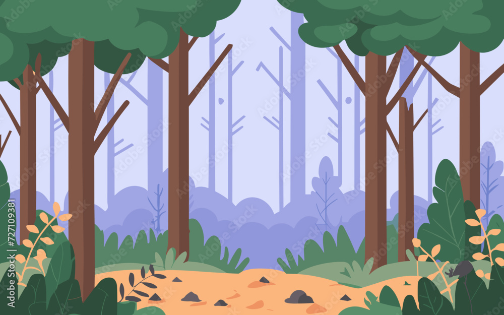 Vector illustration of a serene forest pathway, flanked by tall trees and lush greenery, ideal for nature-themed designs or backgrounds