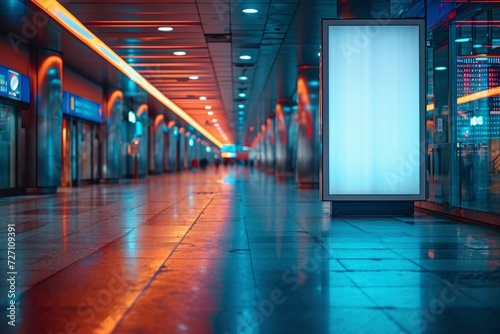 Side view of empty blank white public advertisement sign board mockup on airport. Mock up. Outdoor advertising