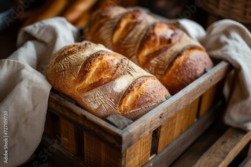 freshly baked bread loaves in a vintage wooden crate.