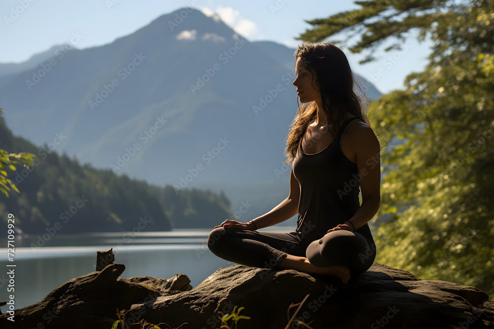 Young woman practicing yoga in lotus position on the edge of a mountain lake
