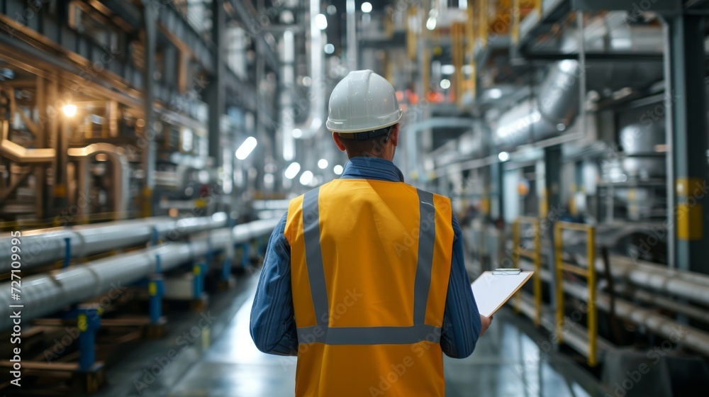 Industrial engineer with clipboard controlling factory facility Industrial engineer with clipboard controlling factory facility
