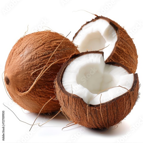 Two split coconuts stacked on top of each other, showcasing their unique shape and texture - isolated raw food.