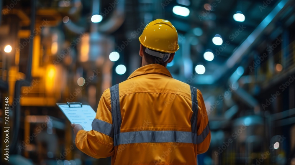 Industrial engineer with clipboard controlling factory facility Industrial engineer with clipboard controlling factory facility