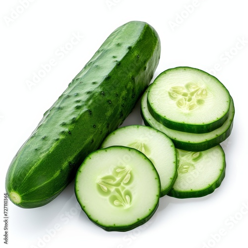 A whole cucumber and several slices of cucumber arranged neatly on a plain white background - isolated raw food.