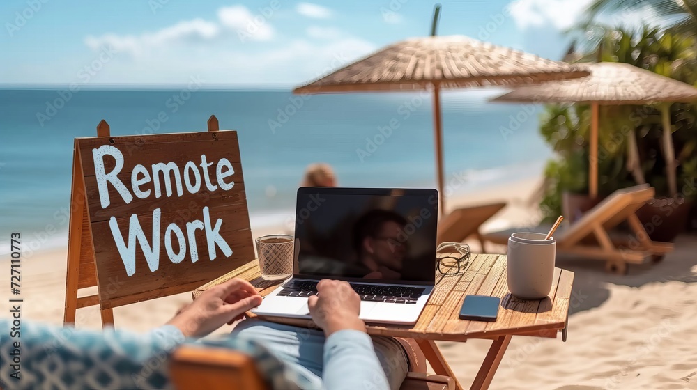 Remote work concept with businessman working on laptop computer at the beach with  remote work  sign