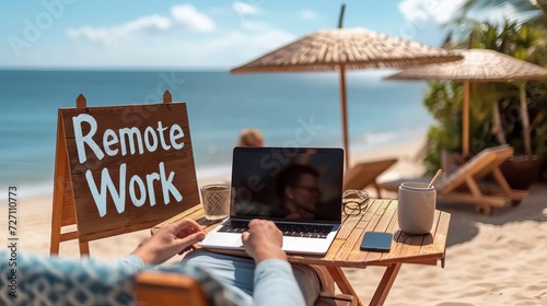 Remote work concept with businessman working on laptop computer at the beach with  remote work  sign