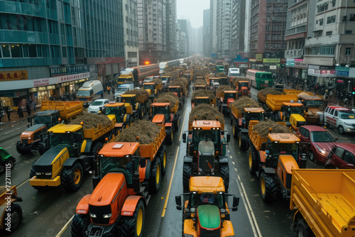 Many tractors blocked city streets and caused traffic jams in city. Agricultural workers protesting against tax increases © Kien