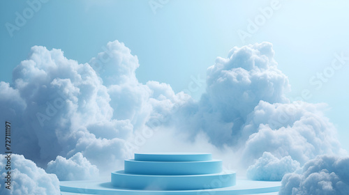 Cloud background podium blue 3d product sky white display platform render abstract stage pastel scene. Podium stand light minimal cloud background studio dreamy pedestal backdrop, generative ai photo