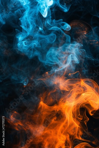 Visualize an artistic and deliberately blurred image featuring a black background adorned with wisps of orange and blue smoke. The intentional blurriness adds an abstract and dreamlike quality 