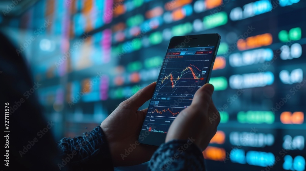 Crypto trader investor broker hand holding phone app executing financial stock trade market trading - obrazy, fototapety, plakaty 