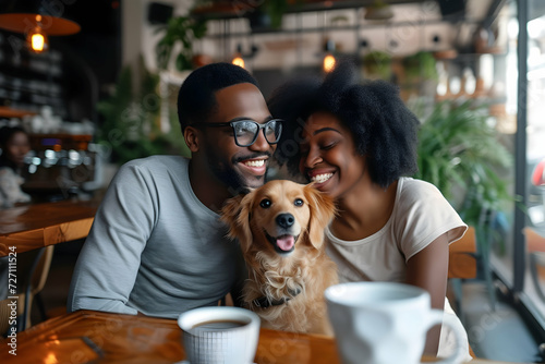 Joyful Coffee Shop Moment: Happy Black Couple with Dog