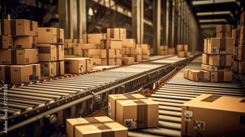 Logistics Concept. Parcel Boxes on a Logistics Conveyor Belt extreme closeup. Generative AI
