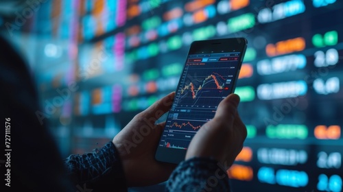 Crypto trader investor broker hand holding phone app executing financial stock trade market trading photo