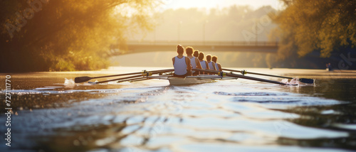 Backlit rowing team in perfect synchrony, gliding through tranquil waters at dawn photo