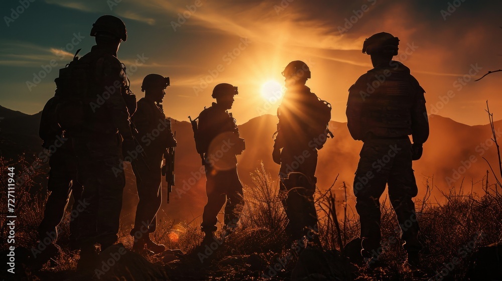 Squad of Fully Equipped and Armed Soldiers Standing on Hill in Desert Environment in Sunset Light