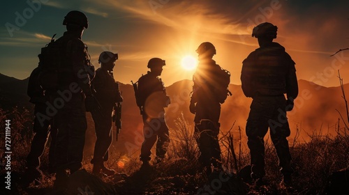 Squad of Fully Equipped and Armed Soldiers Standing on Hill in Desert Environment in Sunset Light