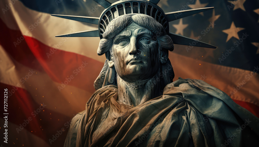 Obraz premium USA Independence Day Concept. Statue of Liberty in front of American Flag extreme closeup.