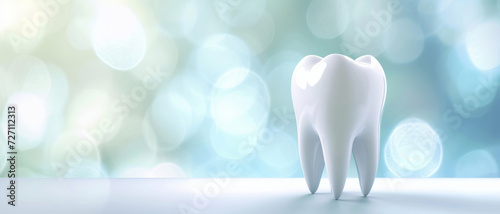 A pristine white tooth stands against a shimmering blue background, symbolizing dental health and care. photo