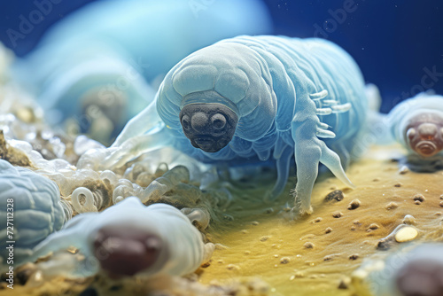 Microscope View of a Tardigrade and some Bacterias extreme closeup. Generative AI photo