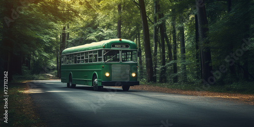 Green bus on forest road  . photo