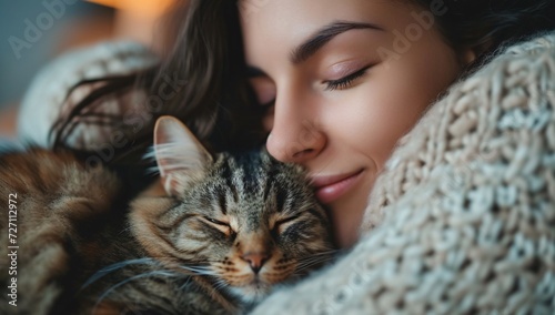 A peaceful moment captured as a woman rests with her eyes closed and a contented cat sleeping by her side  the soft fur and gentle whiskers adding to the warmth of the domestic scene
