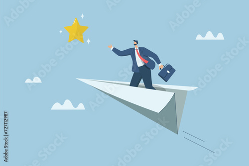 Motivation leads to success, Trying or creating hope for success in business and career, Businessman on a paper plane and reaching out to grab the stars. Vector design illustration.
