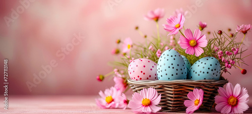 Easter holiday celebration banner greeting card banner with easter eggs and flowers on a pink background