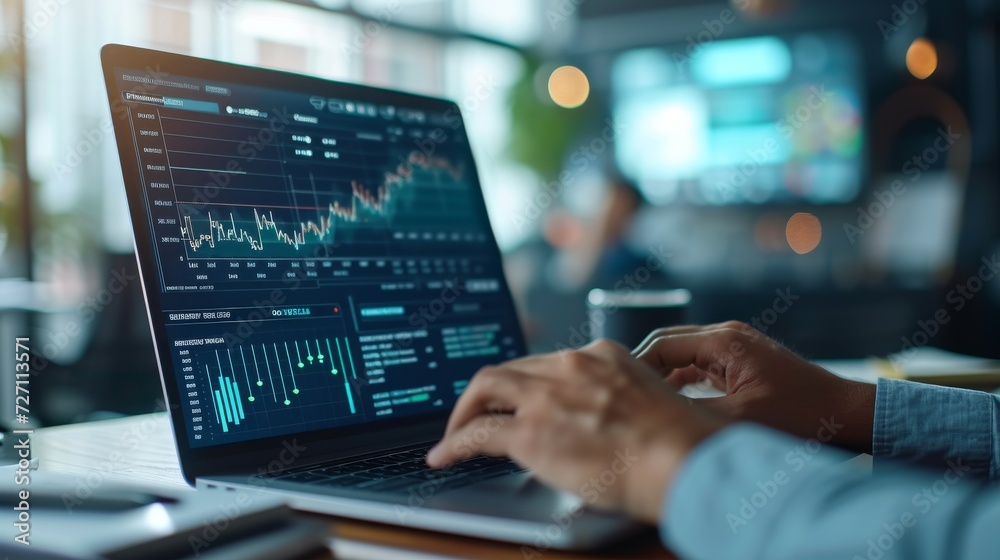 A businessman analyzing business diagrams, marketing statistics and finance market graphs on laptop monitor in the office A businessman analyzing business diagrams, marketing statistics and finance market graphs on laptop monitor in the office