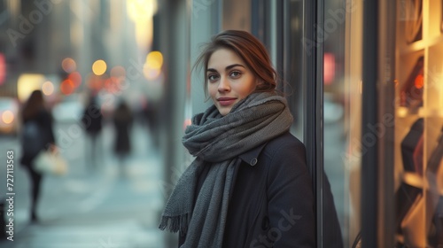 Young woman in stylish winter attire leans on a glass storefront, her gaze inviting and warm, perfect for lifestyle advertising or fashion editorials
