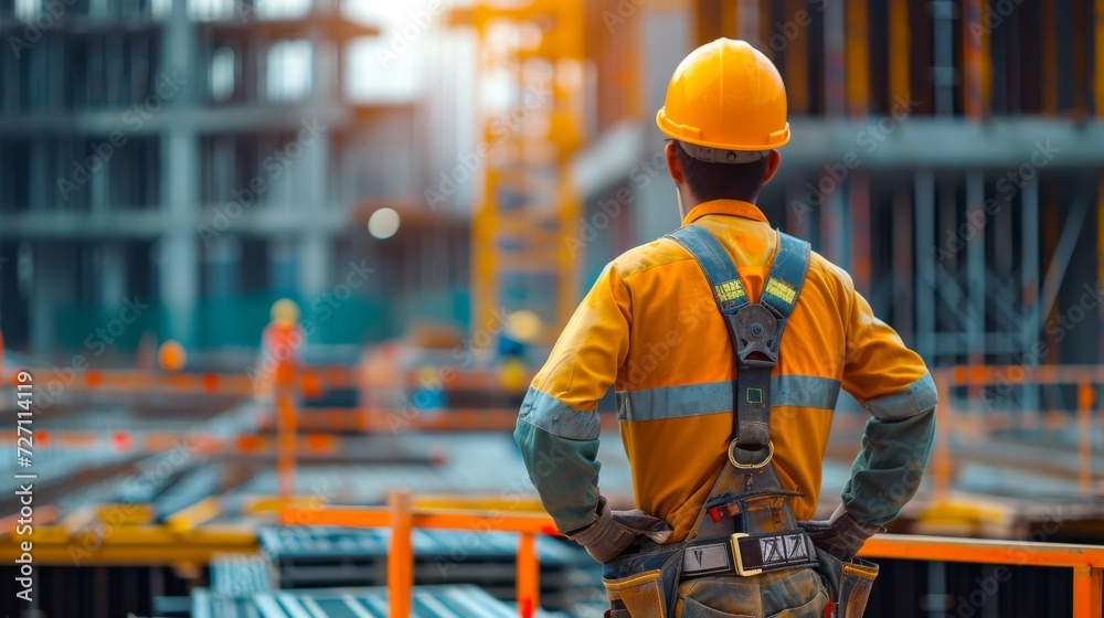 Construction engineers stand on new concrete floor top roof with crane in the background, at a construction site Construction engineers stand on new concrete floor top roof with crane in the background, at a construction site