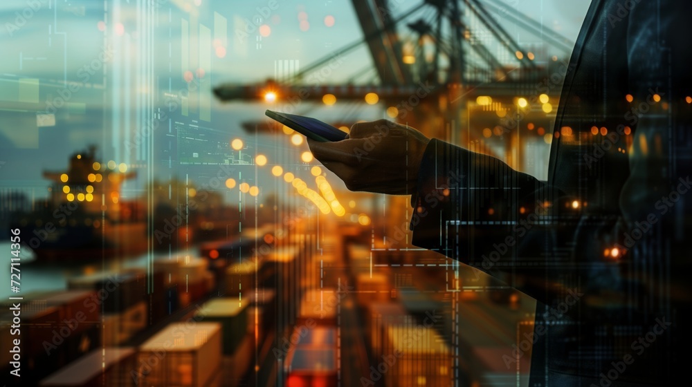 Futuristic Logistics and Trade Concept, Silhouette of Businessman Using Smartphone Over Harbor Scene