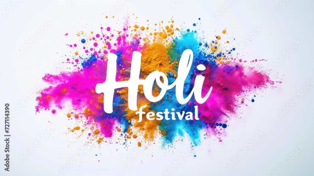 Fototapeta premium Holi festival - calligraphy lettering on abstract background. Holi festival multicolored powder paints.