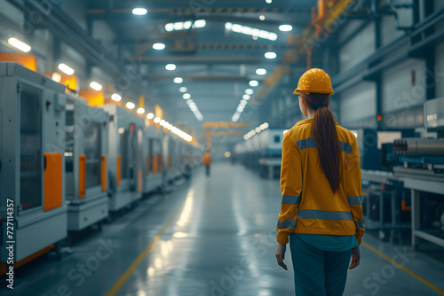 Back view of a female engineer in a yellow hard hat walking down the aisle of a modern manufacturing facility. 