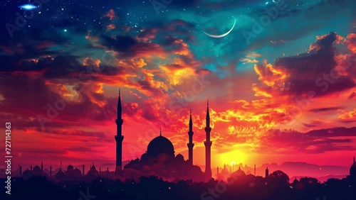 mosque is silhouetted against a fiery sunset, loop video background animation, cartoon anime style, for vtuber / streamer backdrop photo