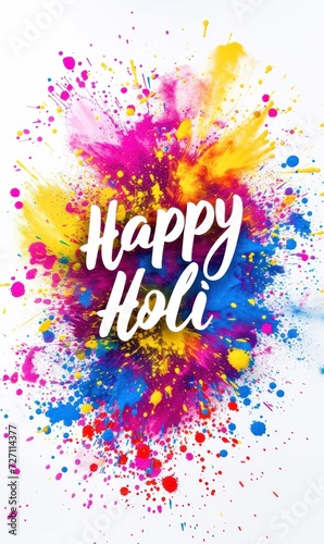 Holi festival - calligraphy lettering on abstract background. Holi festival multicolored powder paints.