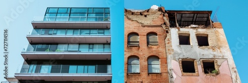 Old vs New. Side-by-Side: New Construction and Ruined Building