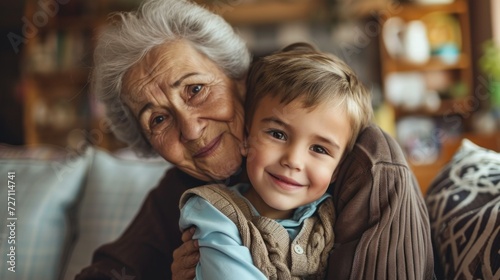 Happy old grandmother hugging little grandchild girl looking at camera, smiling mature mother or senior grandma granny laughing embracing adopted kid granddaughter sitting on couch