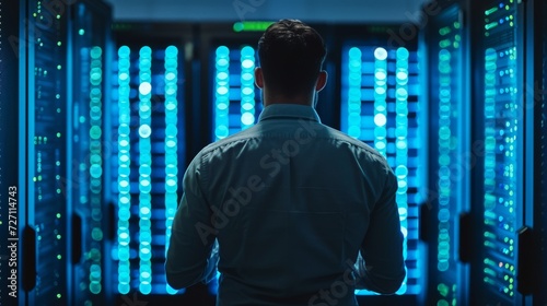 A person data center IT specialist checking cloud servers while working as system administrator for cyber security photo