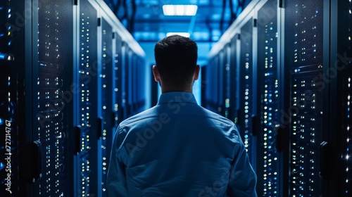 A person data center IT specialist checking cloud servers while working as system administrator for cyber security