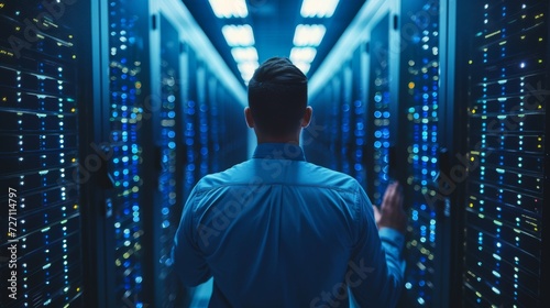 A person data center IT specialist checking cloud servers while working as system administrator for cyber security photo