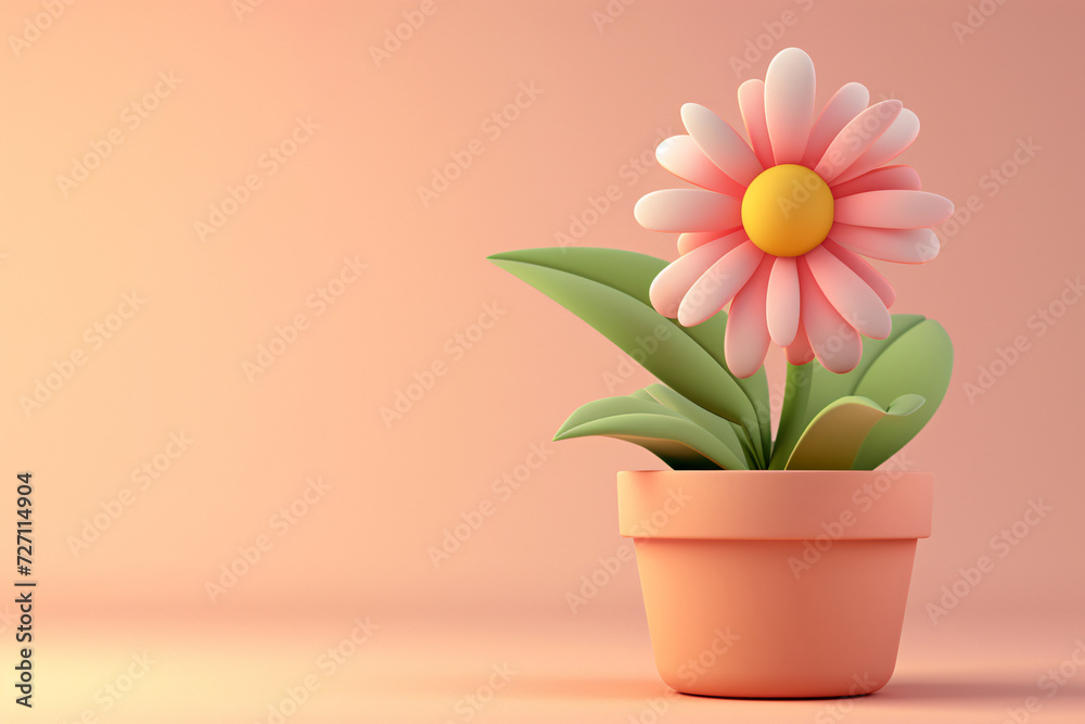 Cute green plants in flower pot 3D illustration, gardening home concept element